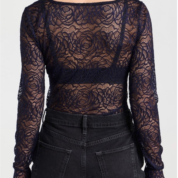 Free People Women’s In My Head Sheer Lace Bodysuit Thong Black Lace LARGE NWOT - Picture 4 of 15